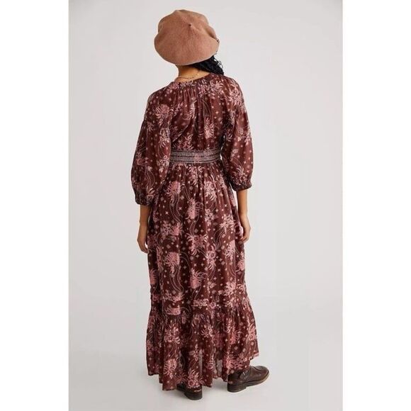 NWT Free People Golden Hour Boho Border Maxi Dress in Pink Chocolate Combo - Picture 4 of 8